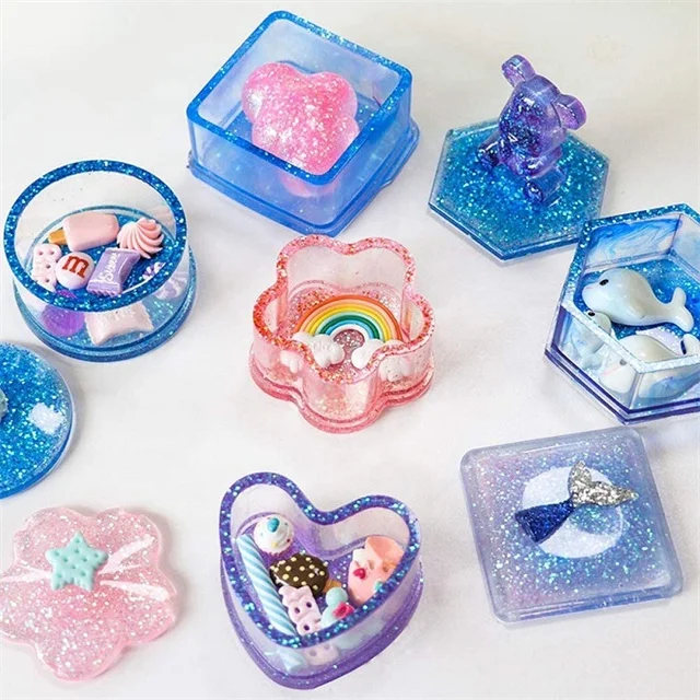 Jewelry Epoxy Mold Sets with Heart Shape Hexagon Square and Flower for Storing Earrings Rings Coins Keys Ashtray Candle Holder