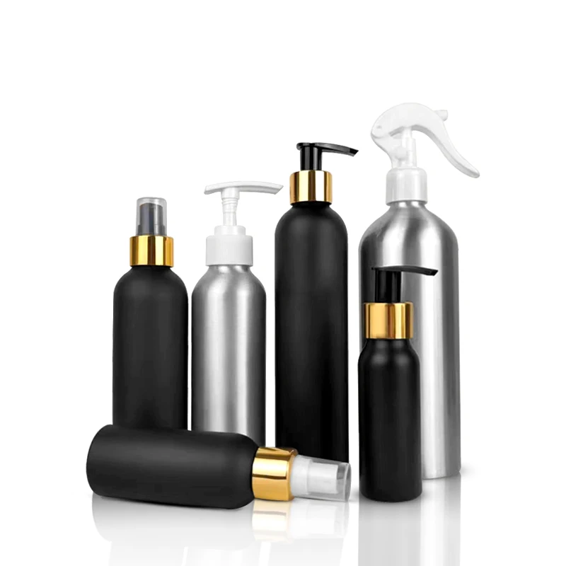 Customized Empty 100ml 200ml 300ml 500ml Black Aluminium Bottles  Spray Fine Mist Lid (1600765390361)