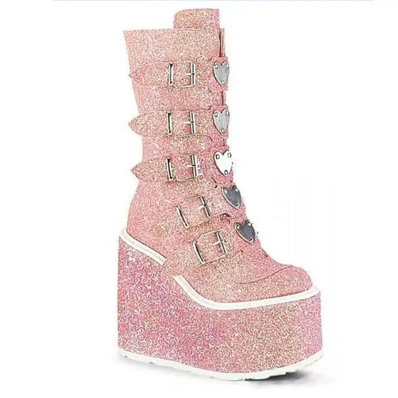 new Customized  Pink Glitter Sequins Heart Round Toe Platform Shoes Knee High Big Size Punk Shoes Fashion Wedge Cool Boots