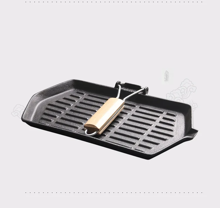 Wholesale cast iron baking pan rectangular black color steak frying pan with folding wooden handle