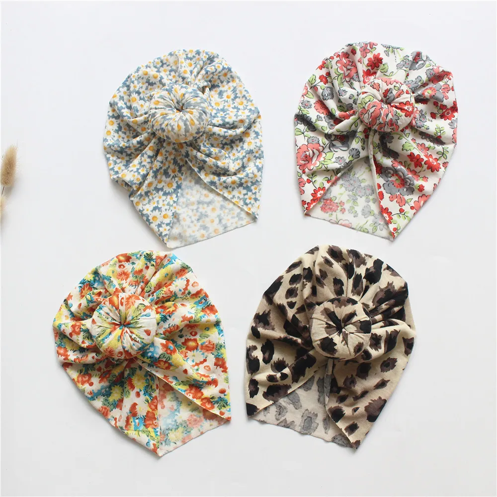 Soft Cotton Multi-color Printed Floral Design Head Accessories Big Bow Elastic Baby Turban Hat with Bowknot Hair Band Fashion