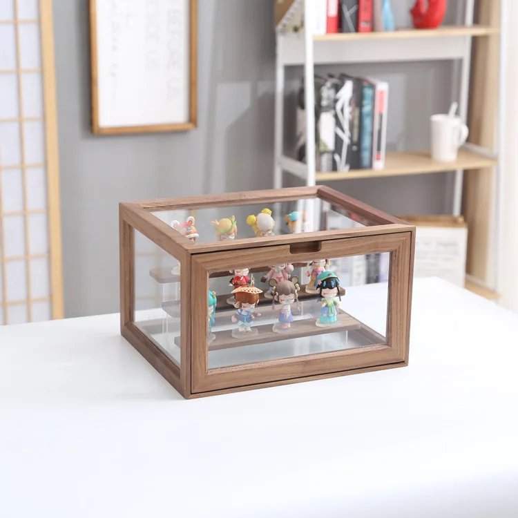 Hand made toy solid wood display Transparent wooden baby tissue box toy toughened glass LEGO storage box