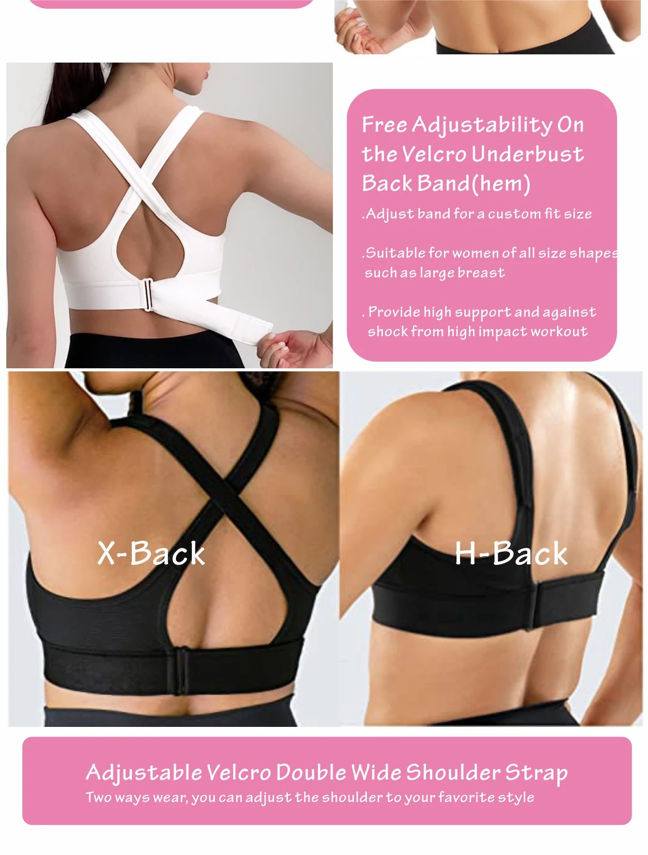 Women High Impact Sports Bra Plus Size Zip Front Fastening Bras Padded Adjustable Strap Workout Fitness Push Up Sports Bra