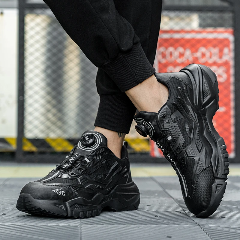 Black swivel button safety shoes lightweight  , Rotating Button Black Safety Shoes Men Work Sneakers