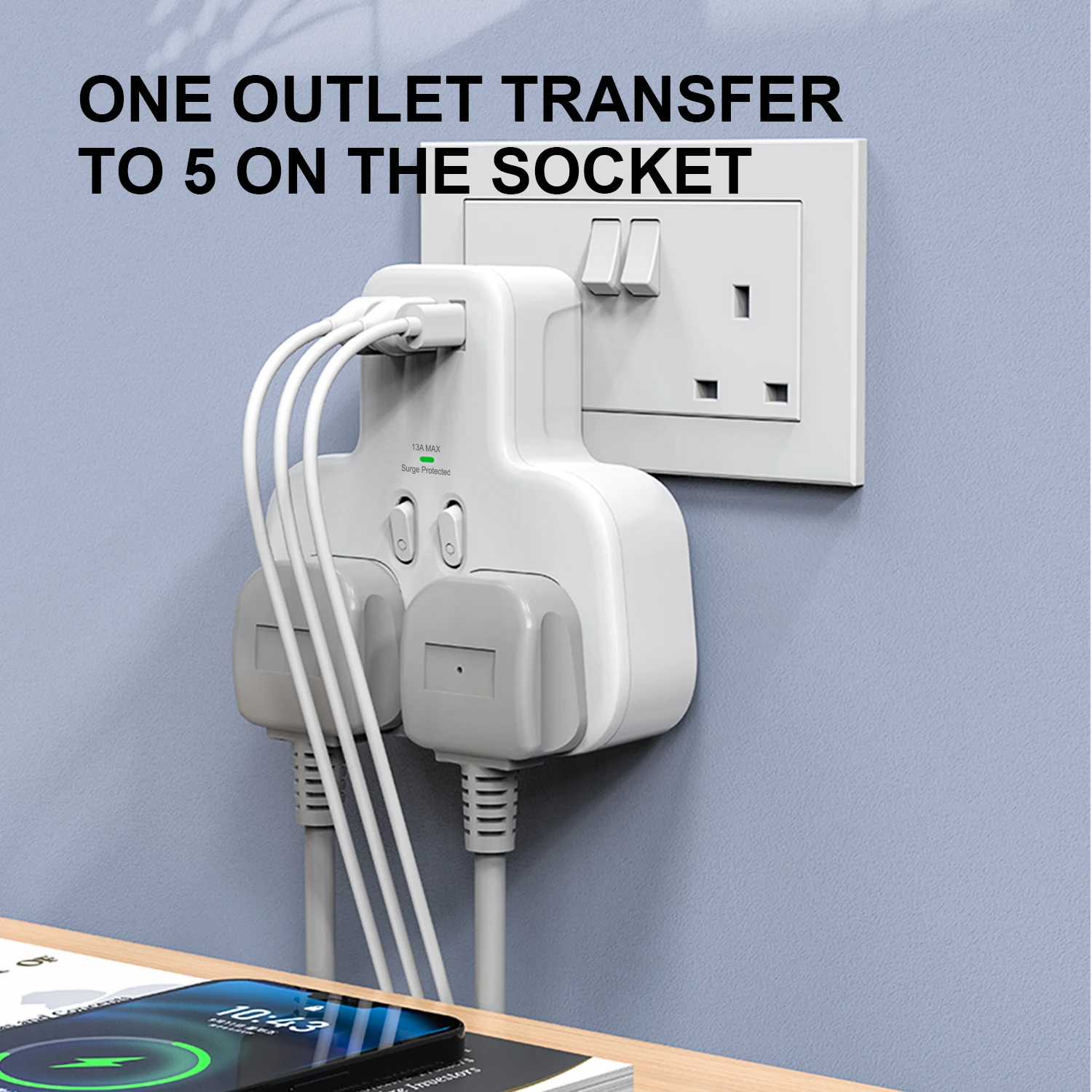 Double Plug Adaptor with USB C, 2 Way Plugs Extension Multi Sockets Wall Charger Adapter, 13A UK 3 Pin Power Socket for Bedroom