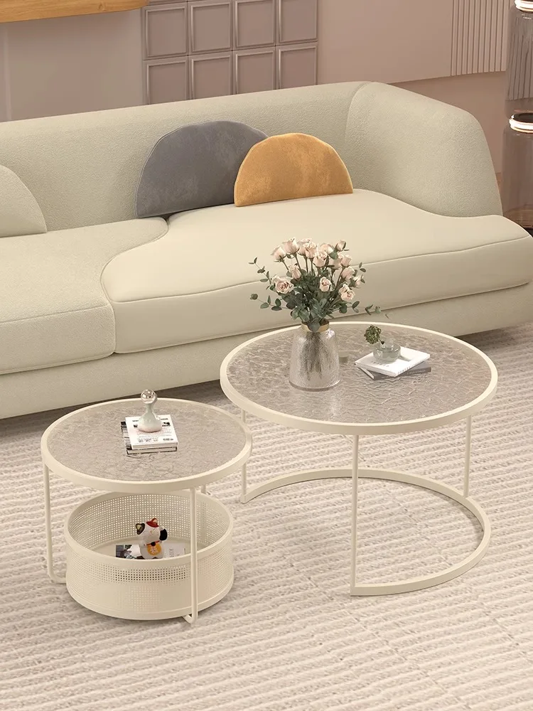 Hot Sale Nordic Wind Light Luxury Glass Coffee Table Small Round Table Cream Style White Round Tea Table