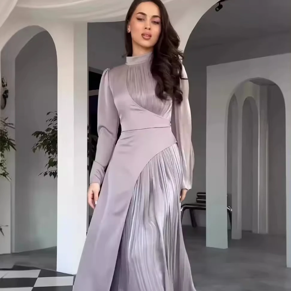 2024 European and American Spring New Round Neck Color Block Long Sleeve Slim Fit Belt Retro Dress