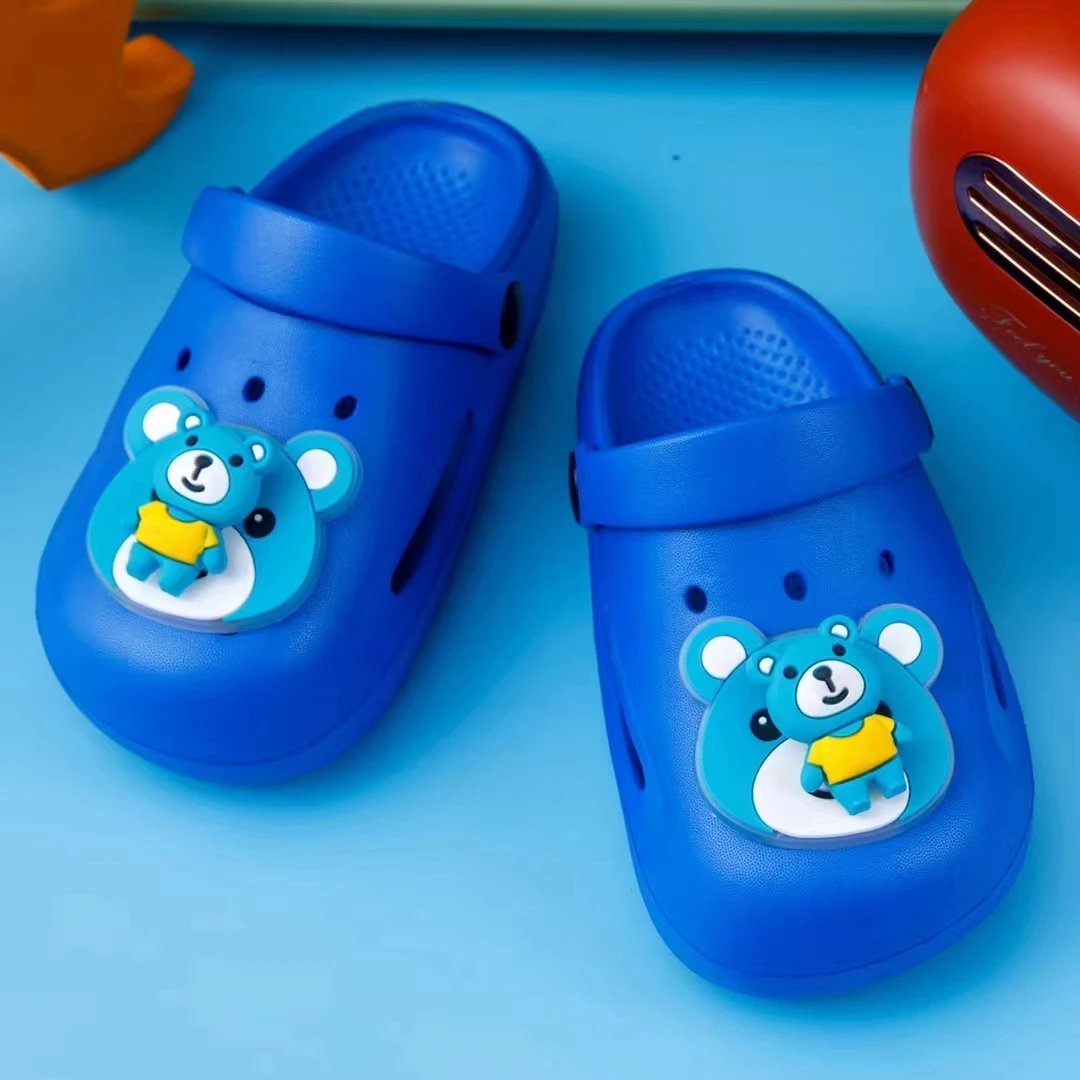 New Summer Beach Sandals Slides EVA Foam Shoes for Kids with Bear and Rabbit Removable Soft Rubber Decorations
