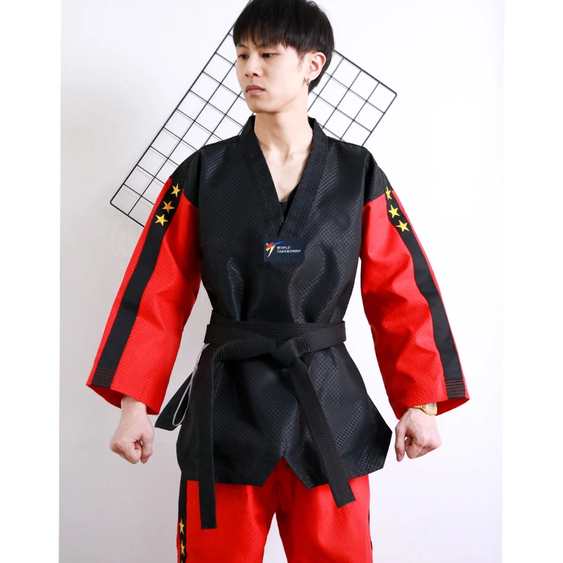 Красная черная Униформа тхэквондо TKD детская одежда с длинным рукавом Dobok Wtf костюмы Тхэ квондо индивидуальная форма для каратэ