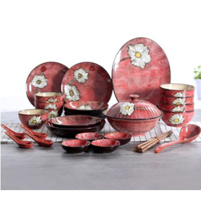 Red pattern ceramic plate Colorful Steak Plate Colorful Glazed Fruit Salad Plate Hotel ceramic tableware series