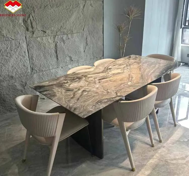 Modern Luxury Marble Dinning Table Top Natural Stone Venice Brown Color Oval Marble Dinner Table with Chairs