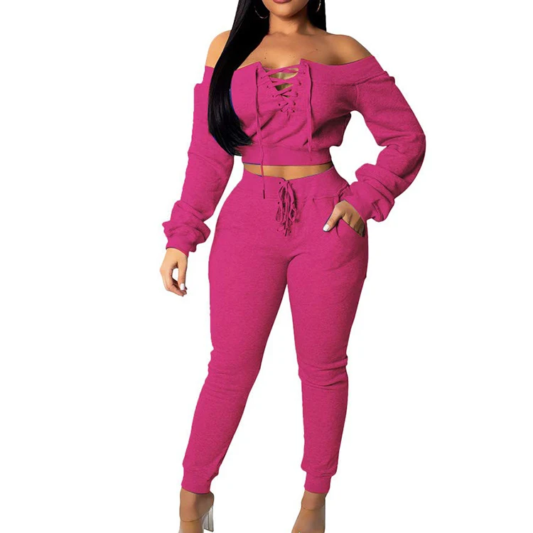 Fashion Sexy Long Sleeve Lace Up Off Shoulder Wholesale Clothing Crop Top with High Waist Pants Yoga Leggings 2 Piece Outfit Set