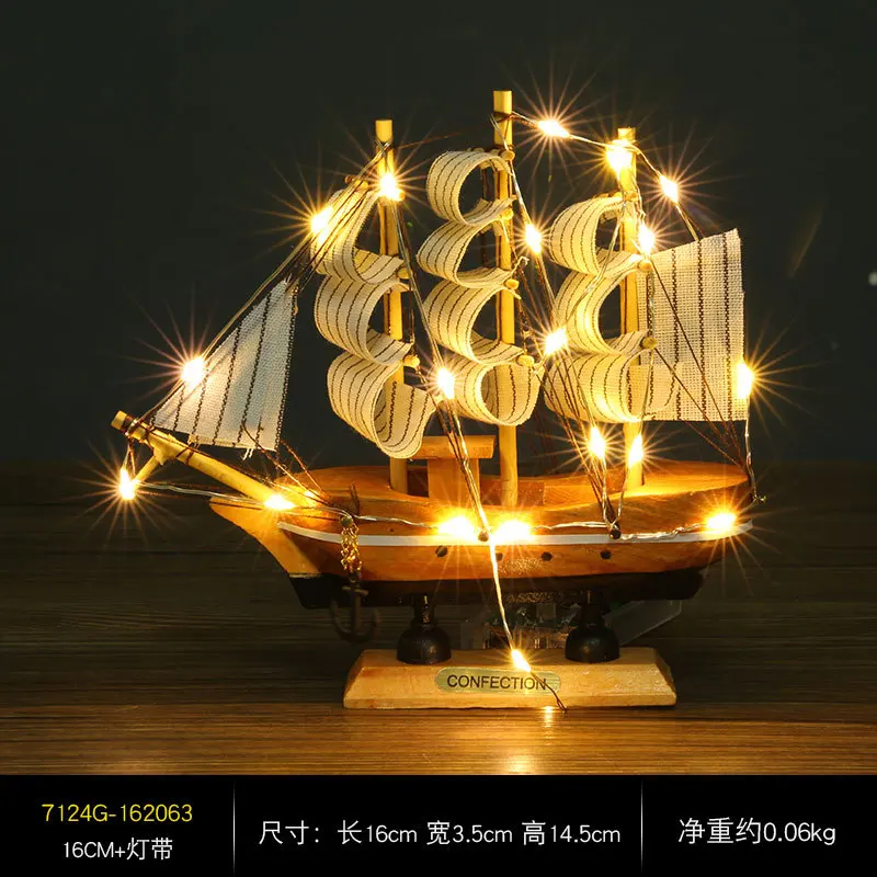 Pirate ship sailing yacht small boat model 30 40cm wooden small boat with led light deco fishing boat home table decoration