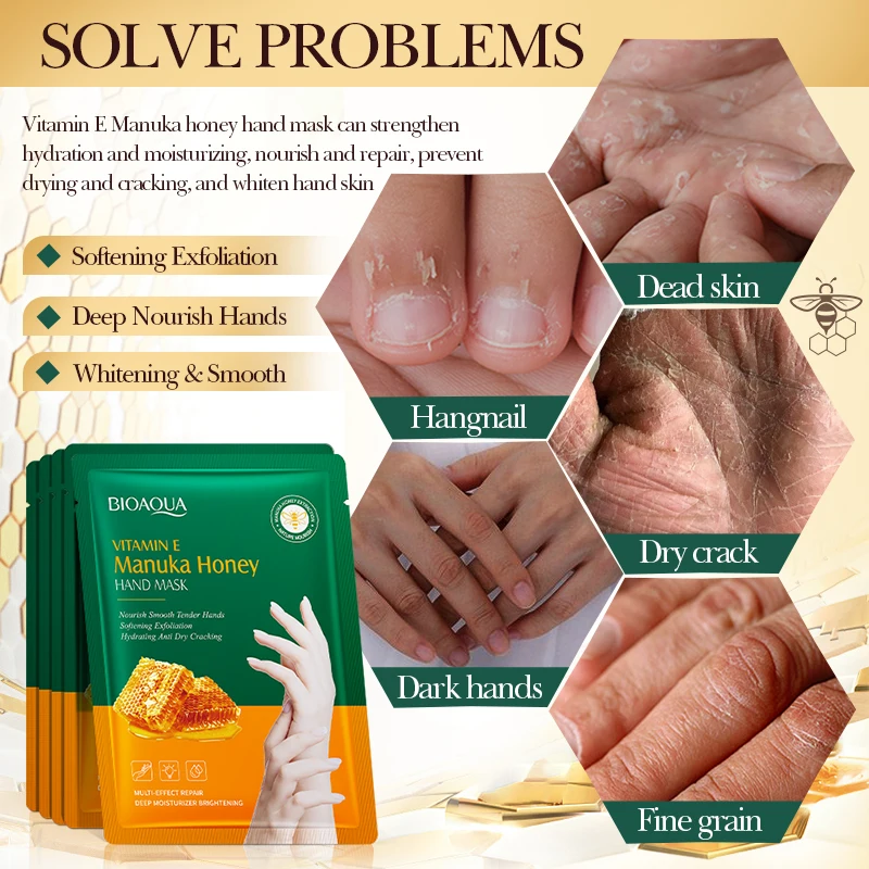 BIOAQUA Skin Care Vitamin E Manuka Honey Nourishing Hand Mask Moisturizing Repair Dry Cracked Whitening Hand Beauty Products