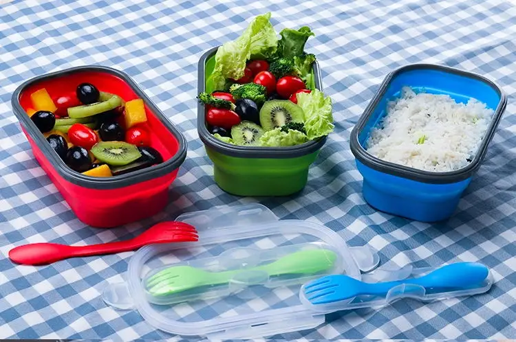 New designed microwave safe food storaged box collapsible silicone food container with spoon fork silicone folding lunch box