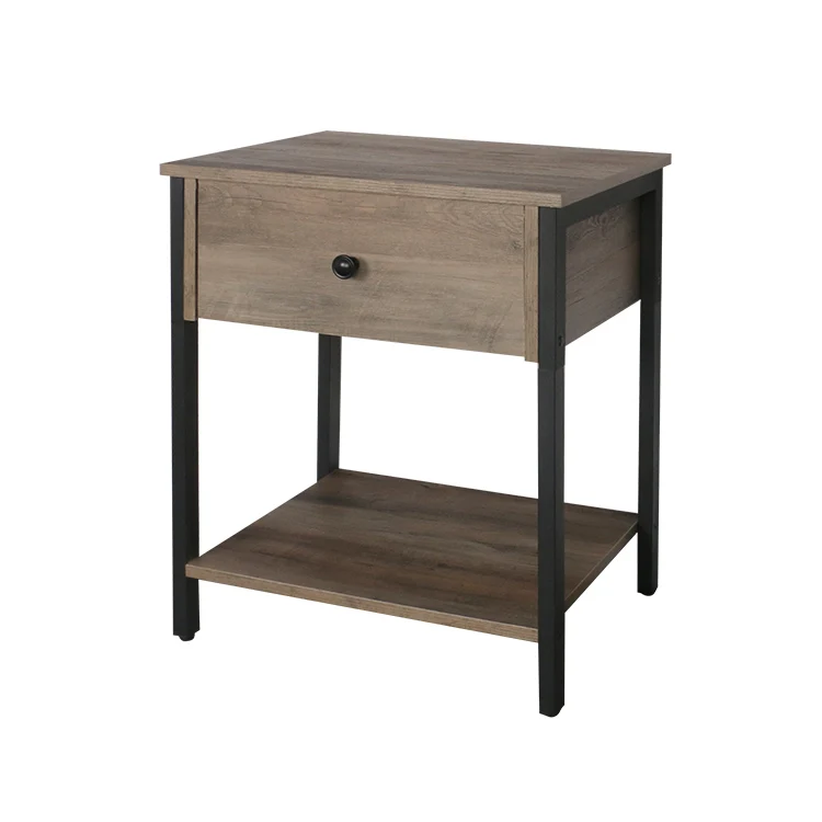 Nordic Bedroom Furniture Wood End Table Nightstand with Drawer and Storage Shelf Brown Bedside Table