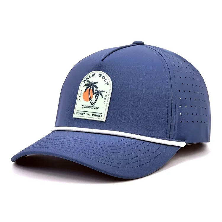 Custom Rubber Pvc Logo 5 Panel Waterproof Laser Cut Performance Golf Hats Quick Dry Sports Baseball Cap Perforated Golf Hat