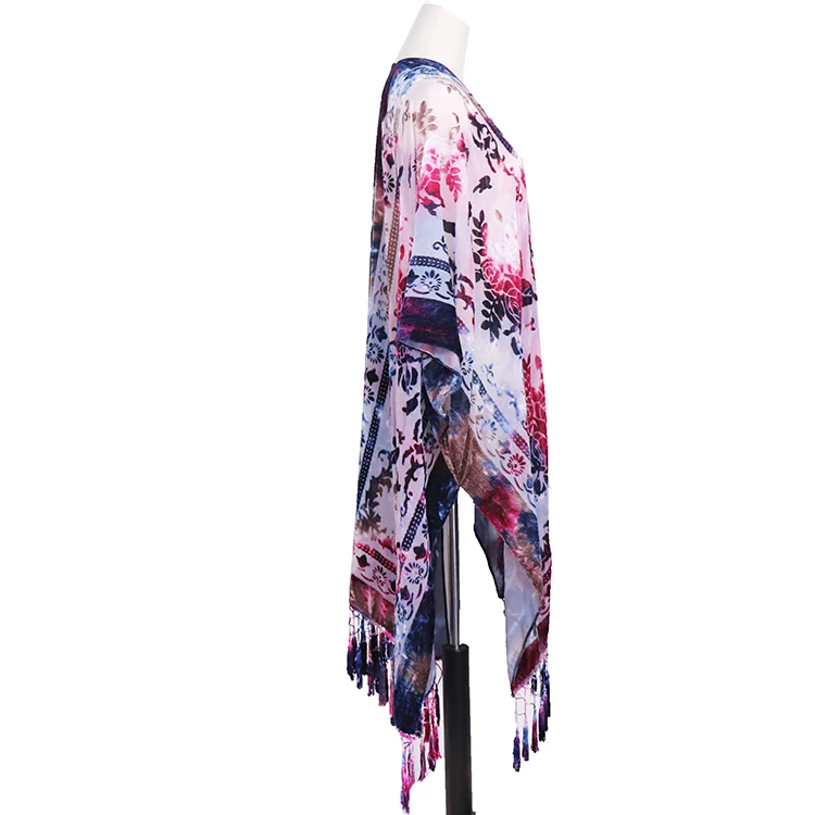 Tie dye burnout velvet kimono multi color ladies blouse ruana with crochet fringes women autumn viscose kimono