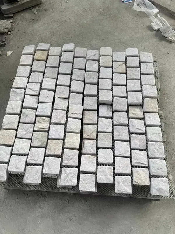 Tumbled brick bond design square white sandstone cobblestone on mesh for patio flooring