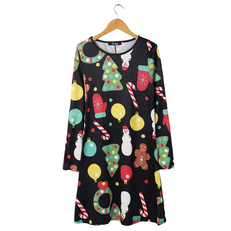 Ready to ship festival clothes plus size red and green christmas print round neck flared A line women short dresses