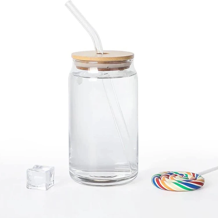 16oz Custom Soda Glassware Iced Glass Coffee Cup Drink Tumbler Mug Dinking Glasses Beer Can Glass with Bamboo Lid Straw