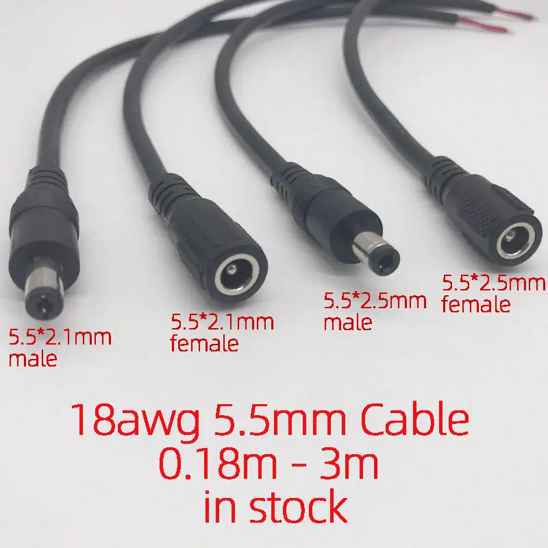 Custom DC 5.5*2.1mm 5.5*2.5mm Male Female to open End Stripped Wire DC Pigtail Cable DC5521 DC5525 DC power extension cable