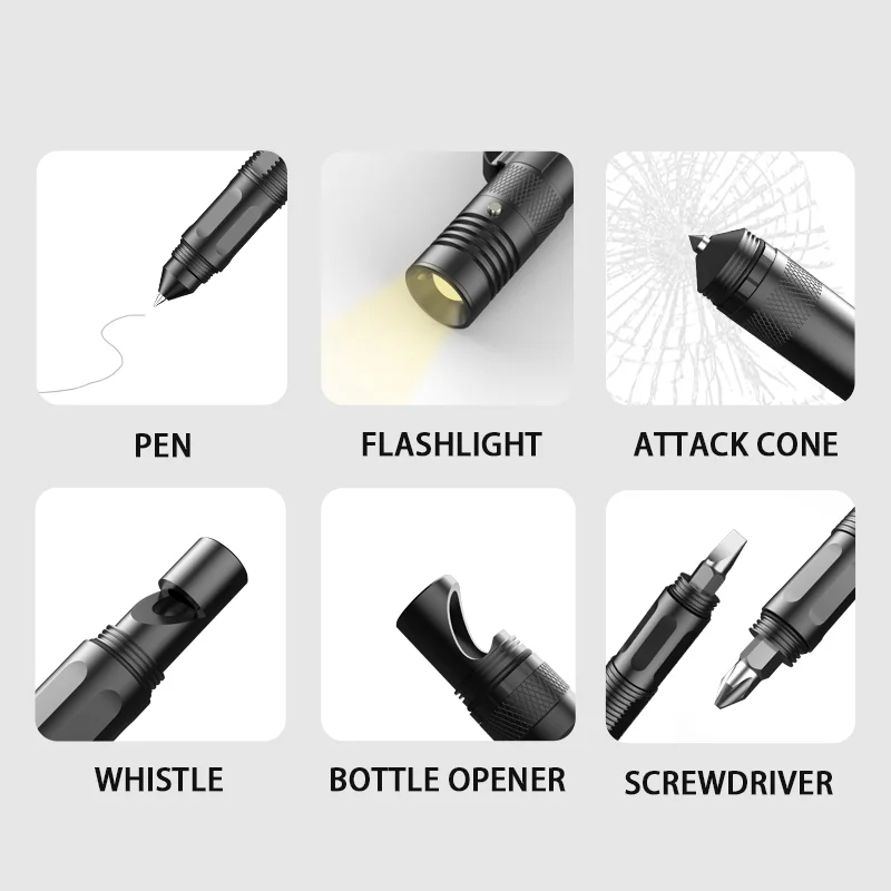 Portable Multi-function Tactical Pen With LED Light Outdoor Multi-role Self Defense Pen Mini Flashlight