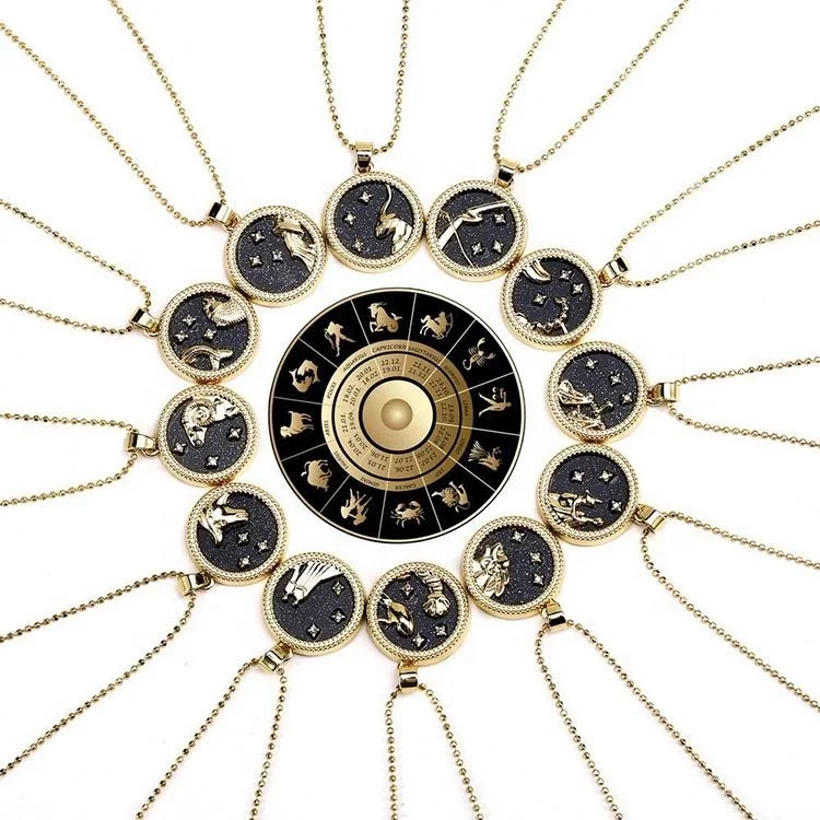 Charm Gift Wish Card Day Night Rose Gold Birthday Jewelry Coin Pendant 12 Zodiac Sign Gold Plated Necklace For Women