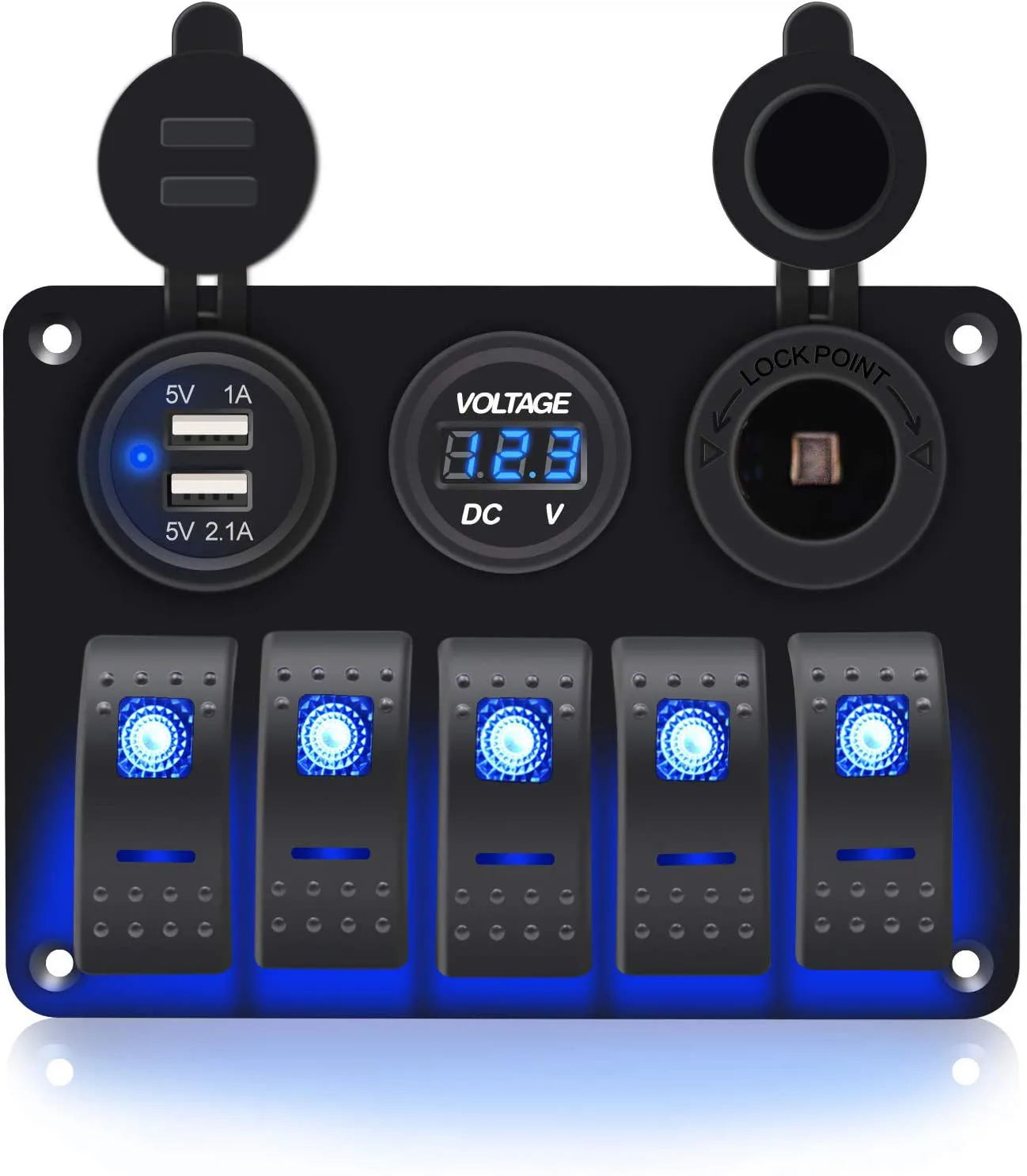 high quality waterproof 12V 24V 5 gang rocker switch panel with led light voltmeter dual usb car charger