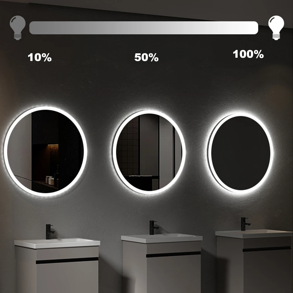 Apartment Hotel Anti-fogging Color Changing Brightness Adjustable Round Front Lights Illuminated Backlit LED Bathroom Mirror