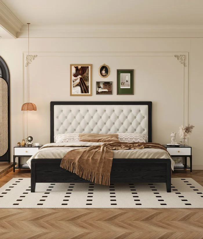 Modern European Style Queen Size Bed Frame with High Fabric Headboard and Soft Mattress Gorgeous Wood Panel Design
