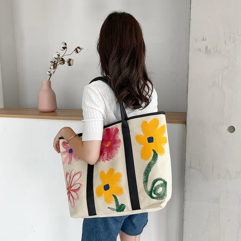 colorful printing fashion design canvas shopping bag tote handbags trendy large womens canvas bags