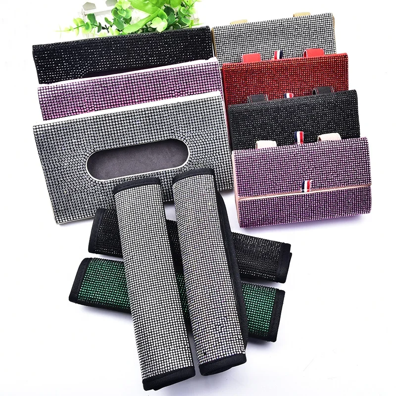 Diamond Car Interior Rhinestone Tissue Box Hanging Glasses Case Storage Crystal Seat Belt Shoulder Cover Auto Decoration Set