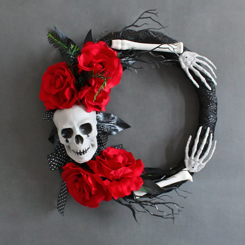 Halloween Skeleton 16 Inch Red Rose Ghost Handmade Garland Halloween Festival Party Venue Scary Props Decorated Rattan Wreath