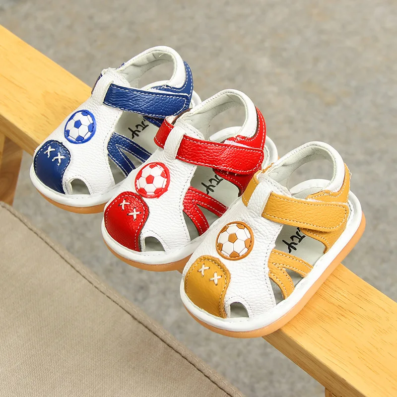 Genuine Leather Football Design Squeaky Baby Sandals Toddler Summer Sound Shoes