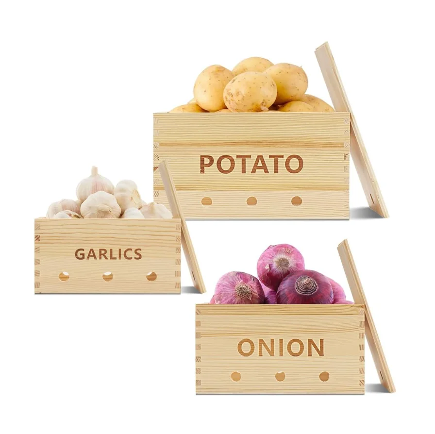 3 Set Kitchen Stackable Onion Storage Containers Wooden Onion And Potato Storage Bins