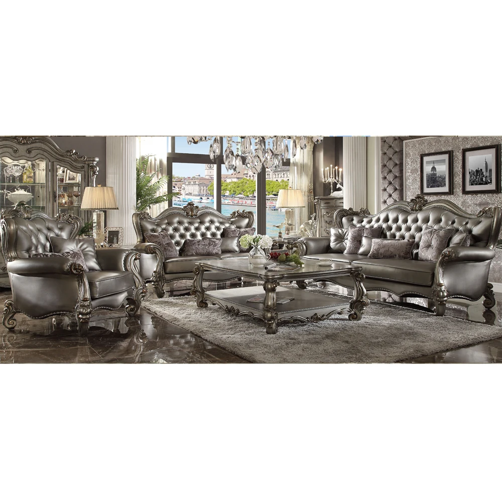 Grey leather three seats sofa antique curved wood table furniture living room set