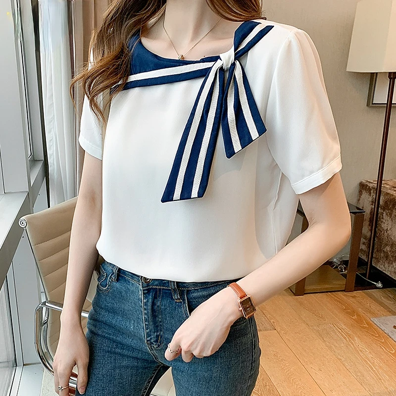Dark Blue White Sailor Collar Fashion Korean Summer Chiffon Casual Blouse for Women Campus Office Lady Tops