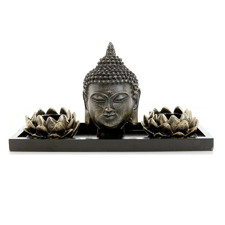 Buddha Head Sculpture Zen Garden Set  Lotus Tealight Candle Holders