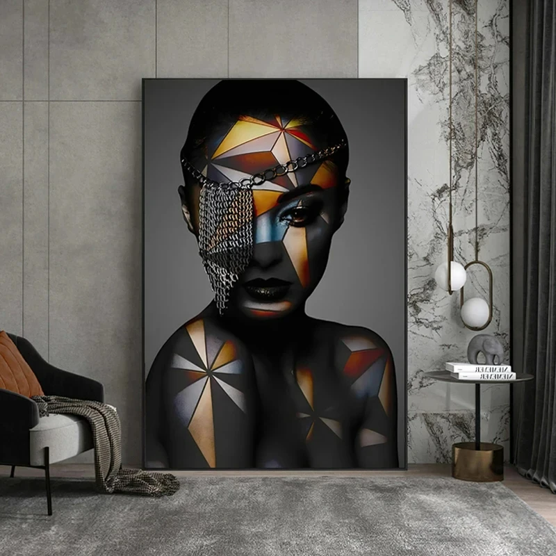 Geometric Makeup African Black Woman Canvas Posters Figure Art Picture HD Print Modern Wall Painting for Living Room Decoration