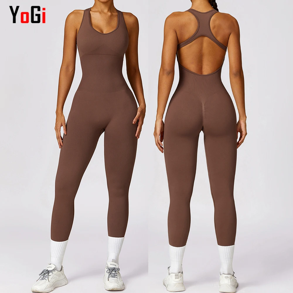 Women One Piece Sleeveless Solid Color Ribbed Slim Fit Pink Seamless Fitness Yoga Gym Workout Rompers Bodycon Jumpsuit