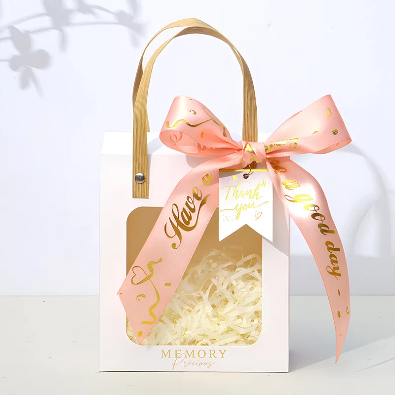Box printing white cardboard favor ribbon transparent window square gift boxes for children birthday girl