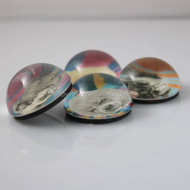 Custom OEM magnetic glass 3d dome magnets set , round crystal glass magnet with a paper gift box packing fridge door magnets