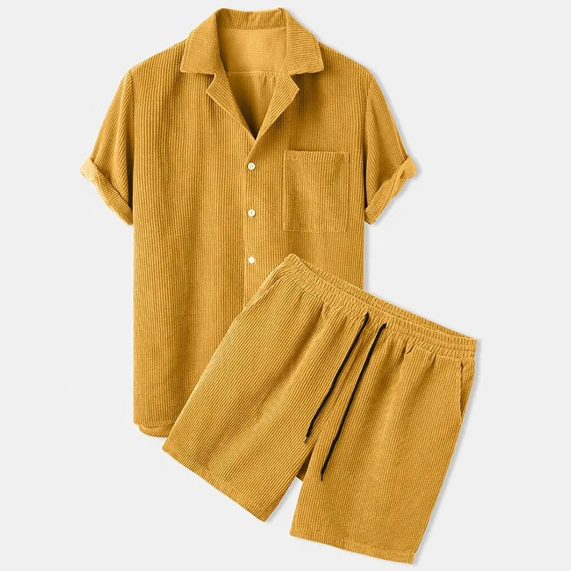 Wear Solid Mens Corduroy Shirts Shorts Set Mens Two Piece Men Shirt and Shorts OEM Custom Summer Knitted Fabric Casual Printed