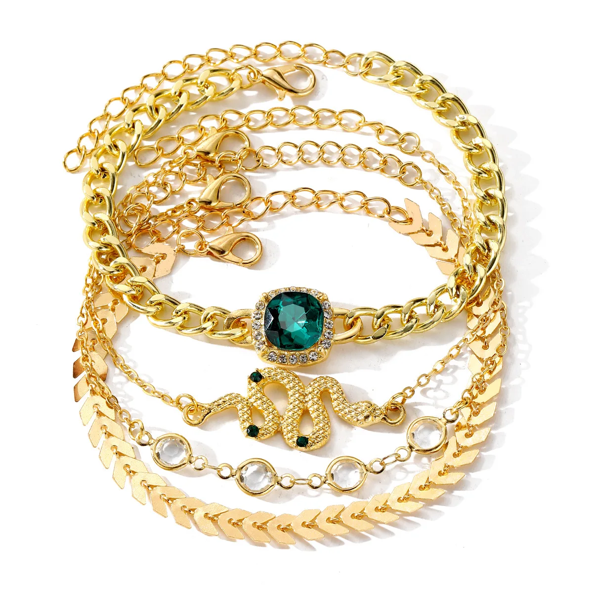 Green Square Diamond Snake Bracelet Set 4-Piece Classic Style Charm Bracelets or Bangles Elegant Jewelry Combination
