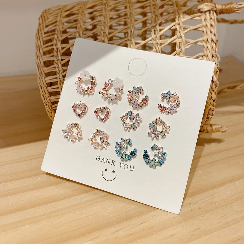 Korean Sweet Colorful Painted Oil Flower Back for Women Crystal Stud Earring Women Romantic Piercing Jewelry