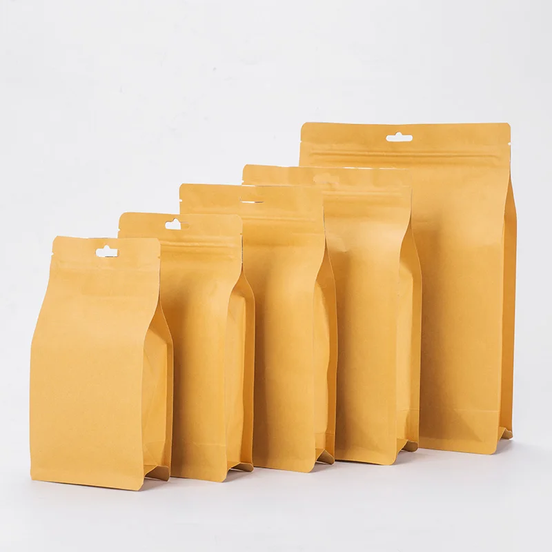In stock flour ziplock pouches aluminum foil kraft paper bag flat bottom tea packaging bags