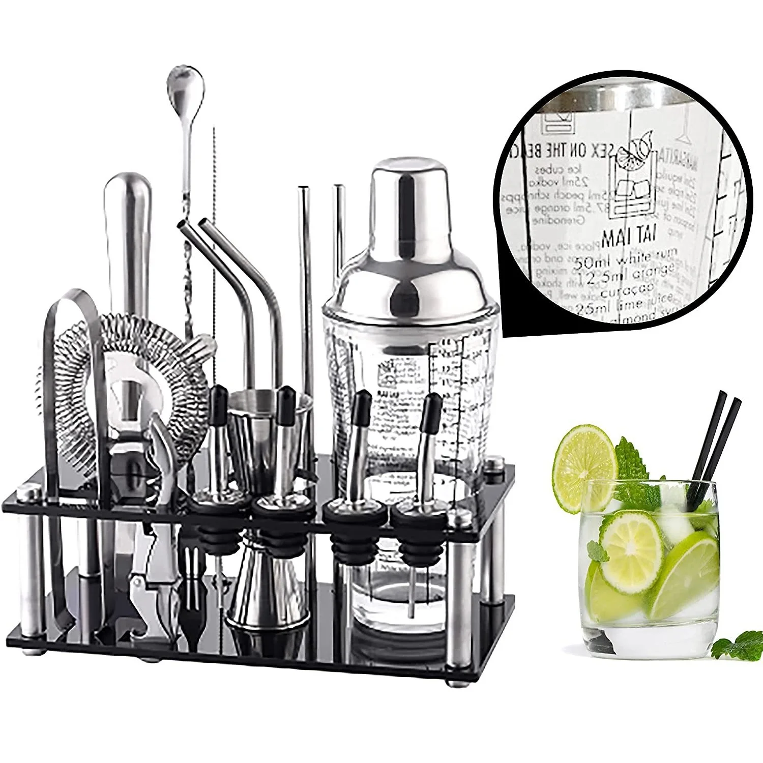 Luxury Bartender Kit 14 Pcs Bar Tool Set Stainless Steel Cocktail Shaker Set With Acrylic Stand