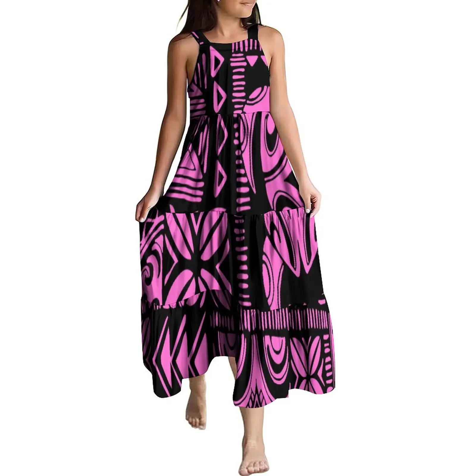 New High Quality Customized Strap Sleeveless Midi Toddler Kids Dress Polynesian Tribal Girls Birthday Party Dresses For Kids