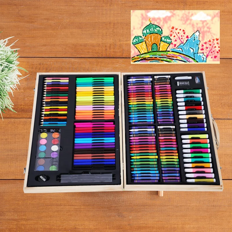 180 pieces Wholesale   Professional Wooden Box Coloring Art Drawing Set For Kids Painting